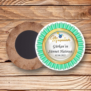Yeşil Kurdele Madalyon ile Sünnet Temalı Daire Ahşap Magnet