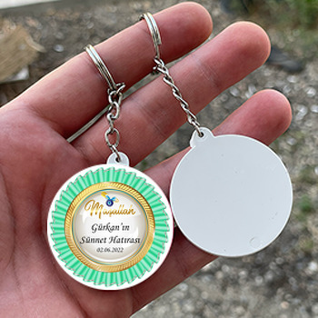Yeşil Kurdele Madalyon ile Sünnet Temalı Daire Plastik Anahtarlık