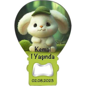 Yeşil Şapkalı Bebek Tavşan Temalı Balon Ahşap Magnet 