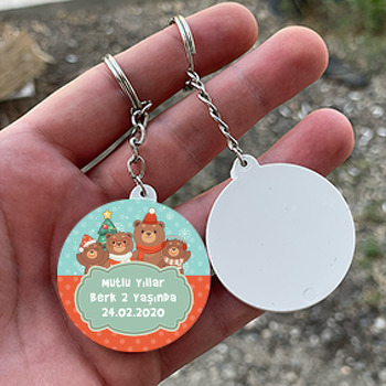 Yılbaşı Ve Ayıcıklar Temalı Daire Plastik Anahtarlık