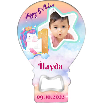 Yıldız Çerçeve ile Unicorn 1 Yaş Temalı Balon Ahşap Magnet 