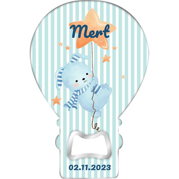 Yıldızla Uçan Tavşan ile Mavi Çizgili Fon Temalı Balon Ahşap Magnet 