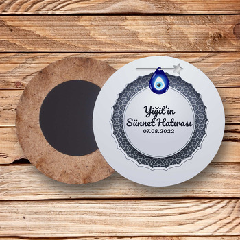Yıldzı İğnede Nazar Boncuğu ile Sünnet Hatırası Temalı Daire Ahşap Magnet