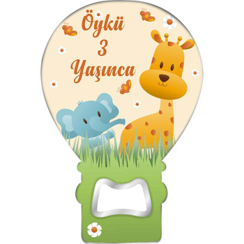 Zürafa ile Fil Çimlerde Temalı Balon Ahşap Magnet 
