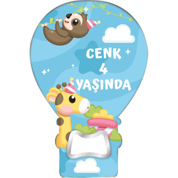 Zürafa ile Tembel Hayvan Mavi Fonda Temalı Balon Ahşap Magnet 